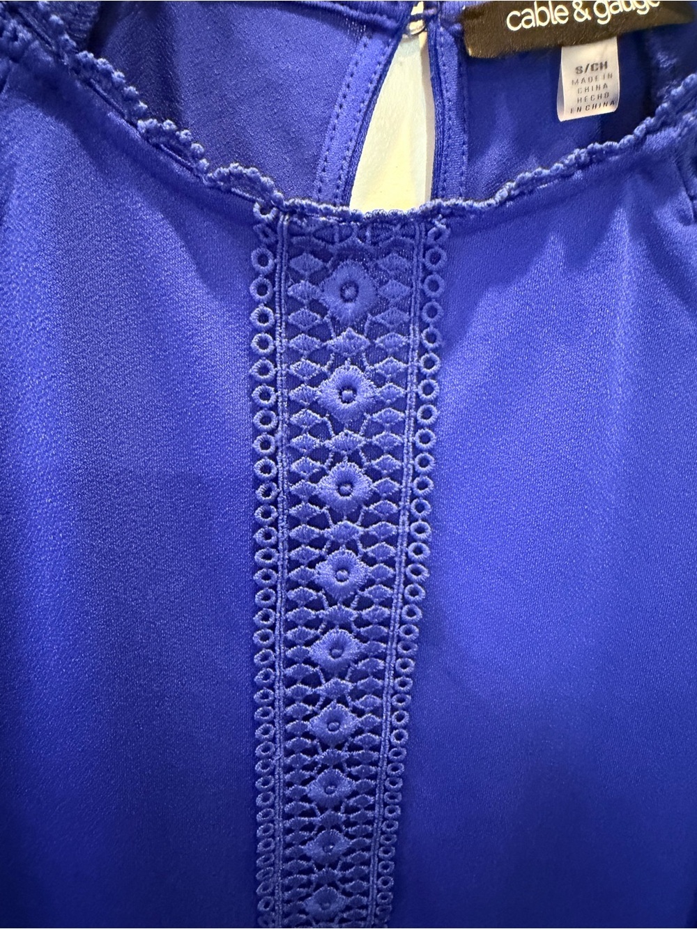 Cable & Gauge Royal Blue Lace Sleeve Blouse Small Crochet Detail Top - Picture 3 of 11